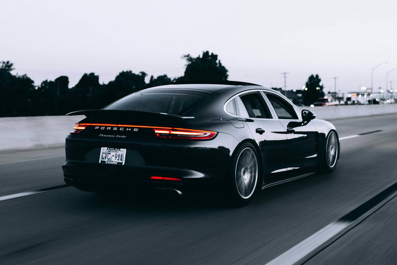 Performance car in motion on a test track
